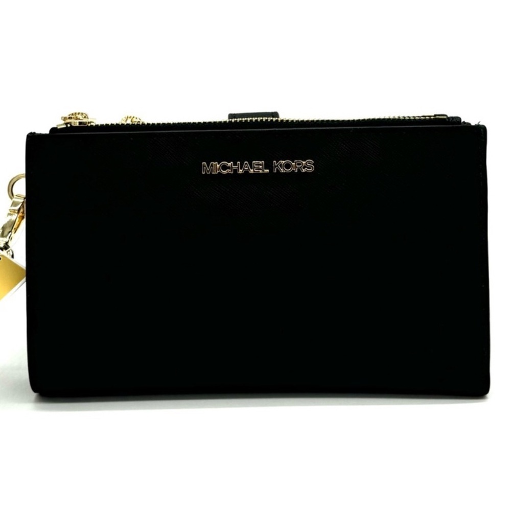Michael Kors Large Double Zip Wallet Wristlet Black/Gold - Picture 2 of 9